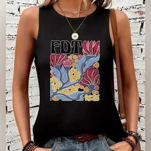 New Black “Discreet Statement” FDT Tank Top w/ Floral Print Design Sz Med
